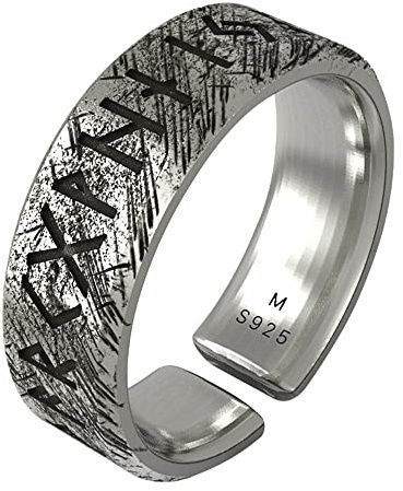 Schwarzer 925 Sterling Silber Elder Futhark Runen Ring Nordischer Wikinger Schmuck für Herren Damen Offen Verstellbar Größe S/M/L