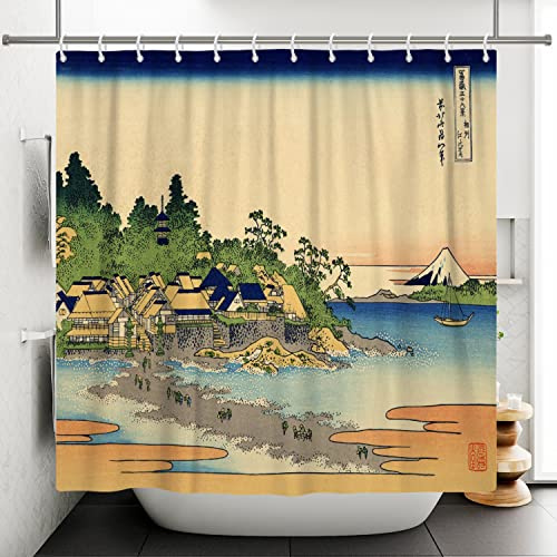 SDOTPMT 122x183cm Montieren Fuji Landschaft Duschvorhang Japanisch Hütte Ozean Strand Orient Traditionell Ethnisch Animes Badevorhang Kanagawa Badewannenvorhang für Badezimmer Polyester mit Haken