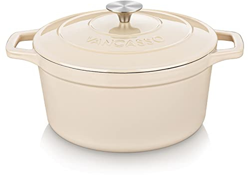 vancasso Cocotte de hierro fundido, olla redonda de 5,7 L con tapa y asas dobles, revestimiento esmaltado antiadherente para hornear pan, blanco