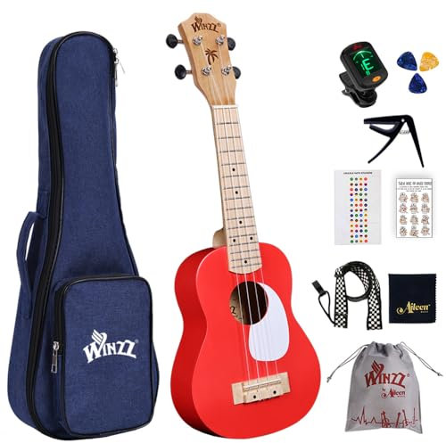 Winzz Ukulele Kinder, Erwachsene Anfänger Set, Ukulele Sopran 21 Zoll Einsteiger Kit mit 9 Zubehör, Geburtstag (Farbe: Rot, Holz)