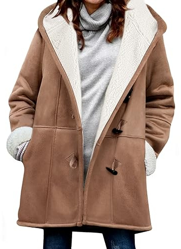 Vancavoo Huvtröjor Kvinnor Varm Vinterkappa Casual Elegant Jacka Medellång Lång Jacka Tröja Cardigan med Fickor, Khaki, S