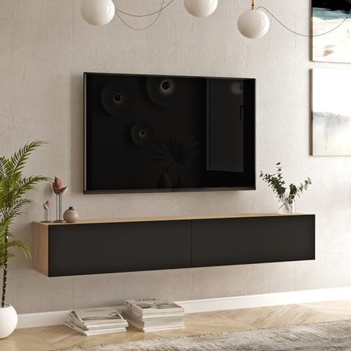 [en.casa] Mobile TV da Parete Armadio a Muro con Ante a Ribalta Consolle Pensile Stand Multimediale Larghezza 180 cm - Effetto Rovere/Nero