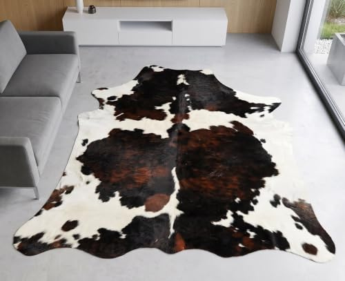 Premium Kuhfell Braun Weiß Tricolor 220 x 180 cm – Echtes Rinderfell XXL – Naturfell Teppich aus Südamerika – Handverlesenes Unikat – Cowhide Rug für Wohnzimmer, Landhaus & Chalet