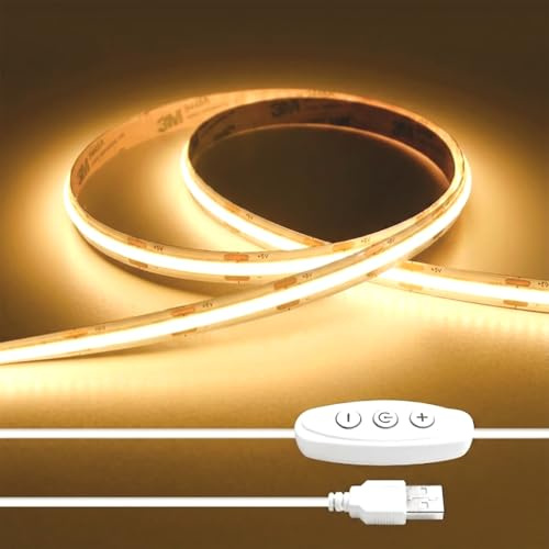 COB Striscia LED 2M, USB 5V Bianco Caldo Strisce LED 3000K Dimmerabile, CRI93+ 640 LEDs Luci Luminosa Tagliabile, Adesive Luce per Camera Cucina Vetrina da Letto Retroilluminazione TV PC Casa Decorare