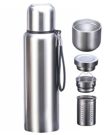 CDJ 34 oz Thermos with Tea Infuser Stainless Steel Vacuum Insulated Water Bottles with 2 Covers Flasks for Hot and Cold Drinks Large Coffee Bottle for Traval,Hiking,Camping