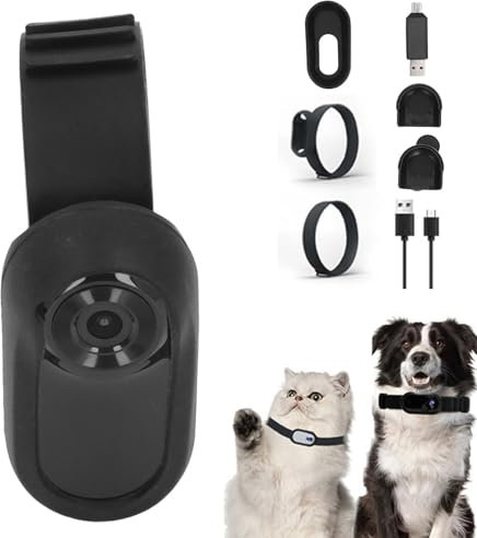 Fabater Katzenkamerahalsband, 160° Ultra-Weitwinkel-HD 1080P Kabellose Heim-Haustierkameras, Mini Body Sport Action Cam für Haustiere mit 32 GB (Kamera Schwarz + Silikonhalsband für