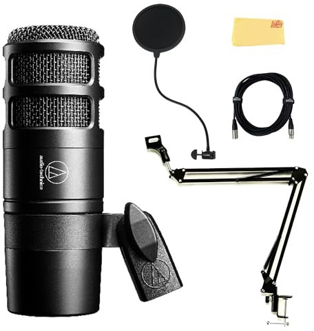 Audio-Technica AT2040 Hypercardioid Dynamic Podcast Microphone Bundle with Pop Filter, Boom Arm, XLR Cable, and Austin Bazaar Polishing Cloth