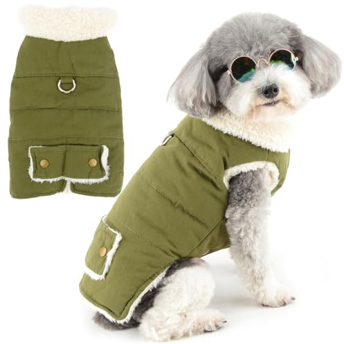 Zunea Hundejacke Mäntel für kleine Hunde, mit Fleece gefüttert, Welpen Winterkleidung mit Leinenring, Kälteschutz Weste Jacken Mantel Chihuahua Hündchen Toy-Pudel Haustierbekleidung Grün XS