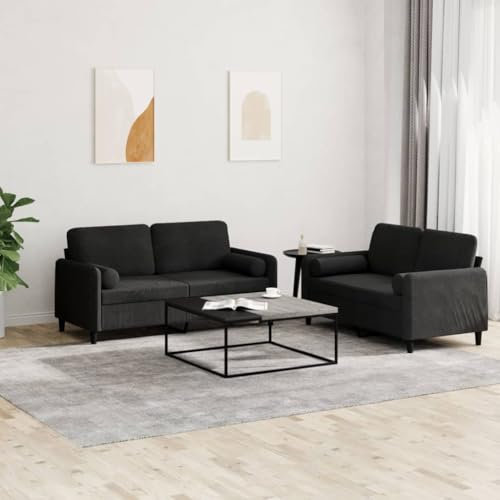 CINDERFUL 2-TLG. Sofagarnitur mit Kissen Schwarz Samt,Bequeme Samtcouch | Gemütliches 2erSofaSet für gemütliche Stunden | Kuschelige Couchecke für Wohnzimmer Möbel, Wohnzimmer