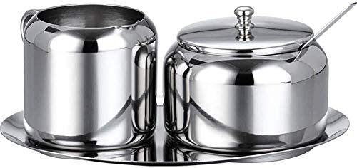 YXUANYZNB Juego de azucarero de acero inoxidable para leche y azúcar, pequeño tarro de azúcar con cuchara para el hogar, cocina, hotel y cafeterías, 3 partes, color plateado