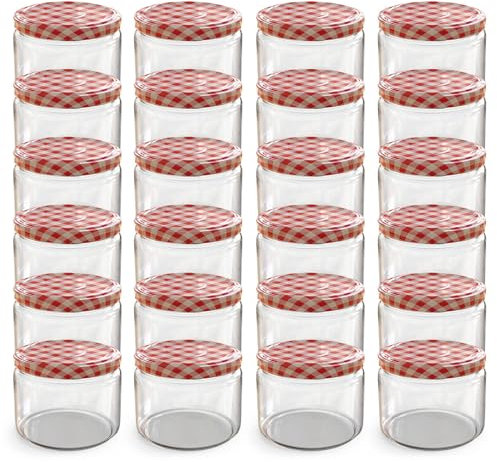 Op téec Lot de 24 bocaux 282 ml couvercles à visser rouges carreaux - Parfaits confitures, confitures, pots