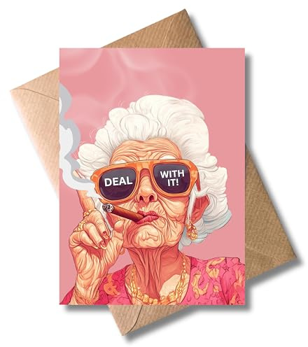 WBdesignz Witzige Geburtstagskarte für Frauen – Coole Oma mit Zigarre und Sonnenbrille – Humorvolle Karte mit „Deal With It!“ Spruch – DIN A6 inkl. Umschlag – Ideal für Freundinnen & Familie