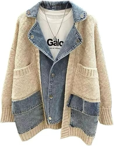 Suncadmious Donna Primavera Moda Giunzione Maglia Cardigan Chiusura Bottone Giacca di Denim Casual con Tasche Giacca a Maniche Lunghe Stile College (albicocca,S)