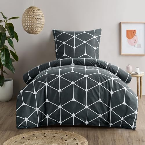 RUIKASI Bettwäsche 140x200 2 teilig Anthrazit - Bettbezug 140 x 200 Set mit Geometrie Muster, Bettwäsche-Sets 140x200cm aus Mikrofaser mit Reißverschluss Weich und Bügelfrei