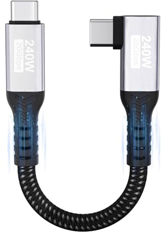 Cable USB C corto,cable USB C 20cm,20Gbps/240W/5K@60Hz,USB 3.2 Gen2×2,cable de vídeo US B C@US B C de 90 grados PD3.1 4K@144Hz para iPhone 16/Plus/Pro/Pro Max/iPhone 15/MacBook Pro/iPad Pro,PSSD