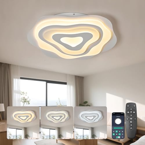 SUCIKORIO LED Deckenleuchte Dimmbar mit Fernbedienung, 50cm Modern LED Deckenlampe Wohnzimmer 48W Wohnzimmerlampe 2700K-6500K Schlafzimmerlampe Decke mit APP für Schlafzimmer, Küche, Flur, Badezimmer