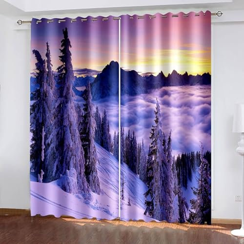 Mesnt Verdunkelungsvorhang Thermo, 137x229cm Gelb Grau Sonnenaufgang, schneebedeckte Berge und Wolken Thermovorhang Kälteschutz Blickdicht, Schallschutz Vorhang Schlafzimmer