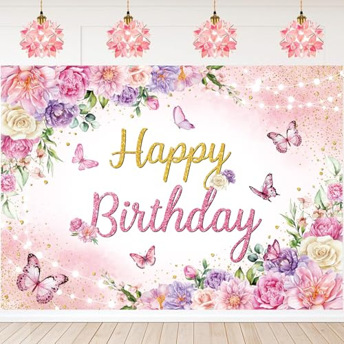Toile de fond Fleurs Happy Birthday Rose Papillons Floraux Toile de fond Photographie pour Femmes Filles Paillettes Aquarelle Fleurs Décorations Fête d'anniversaire Arrière-plan (8X6FT(240 x 183 cm))