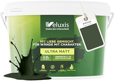 Veluxis Wandfarbe Grün Dunkelgrün Braun matt 2,5 L – Zippy Zucchini | Innenfarbe mit Deckkraft Klasse 1, VOC-frei, ohne Grundierung, tropfarm, für Wohnzimmer und Schlafzimmer