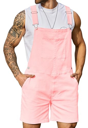 Bindefon Denim Overalls for Men Jean Shorts Jumpsuit Work Bibs Coveralls with Zipper(Pink,2XL)