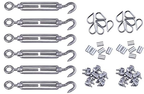 Zpengtai Drehseilklemmen 6Set Kabelgeländer-Set, M6-Haken und Ösen-Spannschloss, Drahtseilspannung, M3-Clip-Klemme, Aluminium-Crimpschlaufe, Edelstahl 304 bolzen