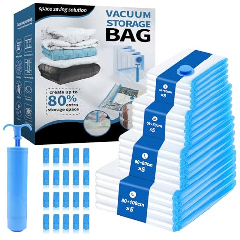 Sacchetti Sottovuoto Vestiti 20 Pezzi Sacchetti Sottovuoto con Pompa a Mano 5xExtra Grande/Grande/Media/Piccola Sacchi Sottovuoto Riutilizzabili per Coperte Lenzuola Piumoni Cuscini