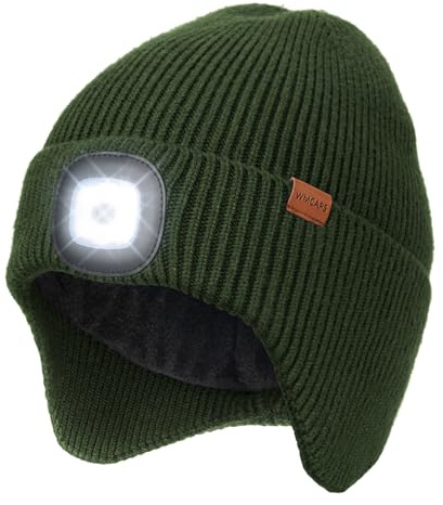 Wmcaps Mütze mit LED Licht und Ohrenklappen, gefüttert, Type-C, Geschenk | Warme Wintermütze mit LED Stirnlampe, wiederaufladbar, Innenfutter – ideal für Gassi, Angeln und Jagd, für Damen und Herren.