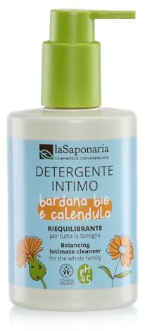 La Saponaria | Detergente Intimo Riequilibrante con Bardana Bio e Calendula, Naturale e Delicato pH 4.5, Ideale per Tutta la Famiglia – Dermatologicamente Testato e Adatto anche per gravidanza, 250 ml
