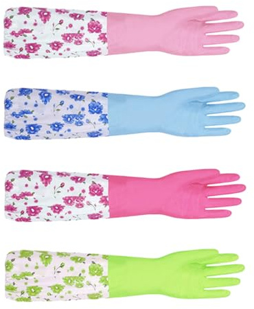 GLEAVI 2 Pair Waterproof Thickened PVC Dishwashing Gloves with Flocking Lining, Drawstring Cuff, Extended Length Household Kitchen Cleaning Gloves for Home Use Random Color Random Color