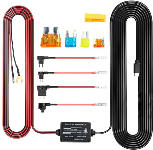 12V-24V Dash Cam Hardwire Kit USB-C with Low Voltage Protection Power Cable | Hard Wiring Kit for Car Cam Charger Cable, Easy Installation, Battery Protection, Multiple Fuse Adapters for Dash Cameras GPS