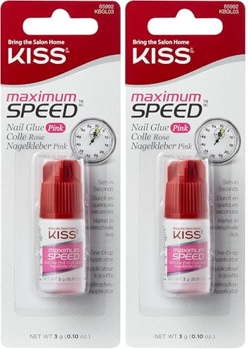 KISS Nagelkleber Maximum Speed pink 3g – Schnelltrocknender Nagelkleber zum Aufkleben und Reparieren von Kunstnägel - sekundenschnell - Einzeltropfen-Applicator (Packung mit 2)