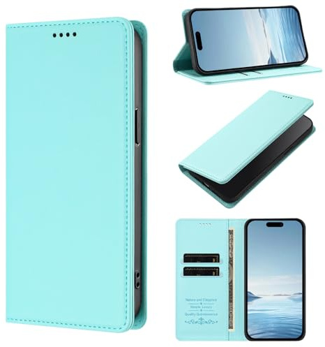 WOWUDI Funda para Motorola Moto E13 2023 4G,Bloqueo RFID Carcasa Protector con Ranuras para Tarjetas,ase Magnético Fuerte Ranura para Doble Tarjeta -Verde Menta