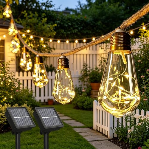 2 Pack Solar String Lights Outdoor Garden 11.2m Solar Powered Festoon Lights , 20 S14 Bulbs 200 LED Solar Garden Fairy Lights, 8 Modes IP65 Waterproof for Patio Yard Fence Party Gazebo Pergola Decor
