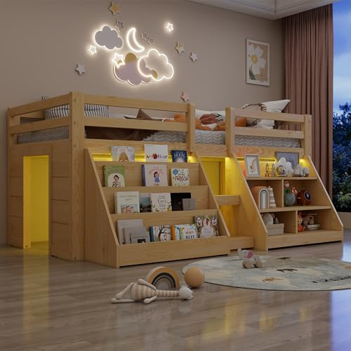Kinderbett Halbhochbett 90x200, Einzelbett mit LED Beleuchtung&Aufbewahrungsschrank&Leiter, Stauraumbett Holzbett Funktionsbett Jugendbett mit Rausfallschutz&Lattenrost, Kiefer, Ohne Matratze, Natur