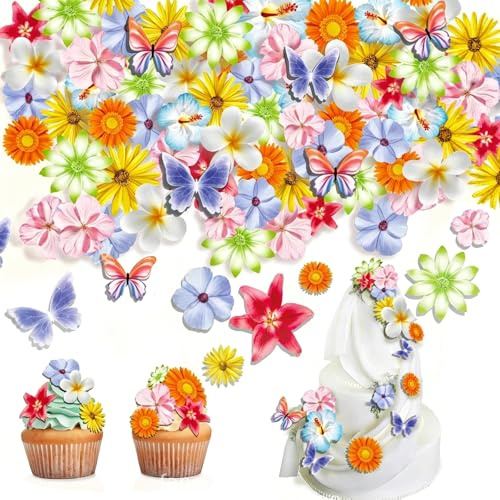 SGQTGIMU 60 Fleurs Comestibles Cupcake, Fleurs et papillons, Fleurs Comestibles pour Gateau, décoration de gâteau, Gluant Papier de Riz Décoratif Gâteau pour les mariages, les anniversaires