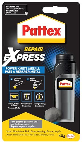 Pattex Powerknete Repair Express Metal, 48 g de pasta de modelar de color metálico para pegar y reparar, pegamento de resina epoxi para muchos materiales, pasta pintable