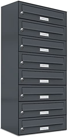 AL Briefkastensysteme 8 er Briefkastenanlage Anthrazit Grau RAL 7016, Premium Briefkasten DIN A4, 8 Fach Postkasten modern Aufputz