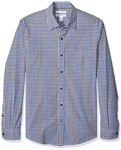 Amazon Essentials mäns Slim-Fit långärmad poplin-skjorta, svart blå gingham, Large
