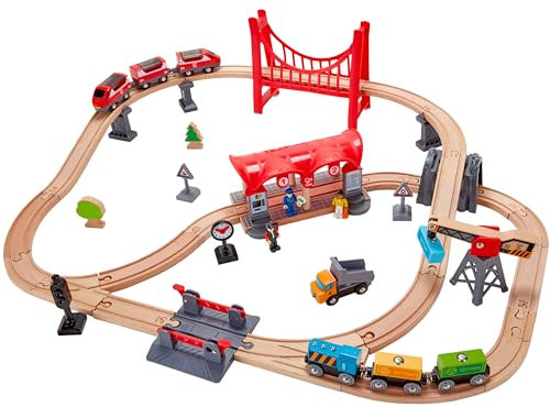 Hape Eisenbahn-Set „Verkehrsreiche Stadt Komplettes Eisenbahn-Set aus Holz zum Themenbereich Stadt für Kleinkinder mit Personenzug, Güterzug, Bahnhof, Spielfiguren und mehr