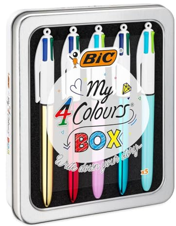 BIC 4 Farben Kugelschreiber Set 4 Colours, 5er Stifte Set in Metallbox mit 3 Colours Shine & 2 Colours Fun Stiften, Geschenkidee für Sammler, My 4 Colours Box, 1 stück (5er Pack)