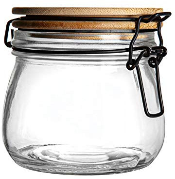 Argon Tableware Glass Storage Jar with Airtight Wooden Clip Lid - 500ml - 1 Pack - Kitchen Container Round Preserving Jar for Pickling, Chutney, Jam, Coffee, Oats