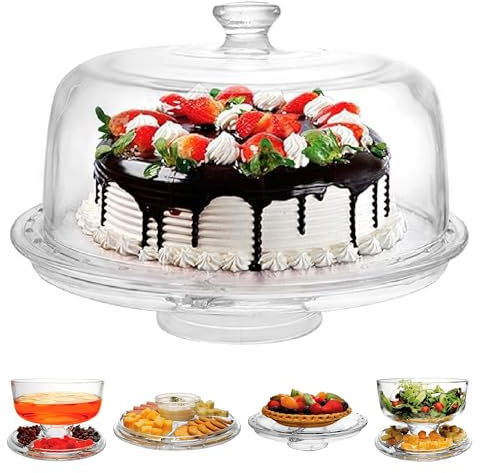 JOEY'Z Extra Large (12) 6 in 1 Acrylic Cake Stand with Dome Lid Multifunctional Serving Platter and Plate, Salad Bowl/Veggie Platter/Punch Bowl/Desert Platter/Chips & Dip - BPA Free