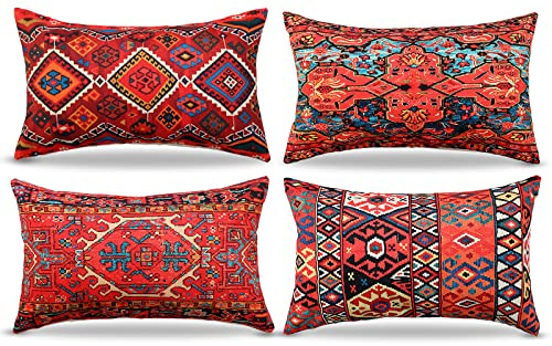 DecorMommt Kissenbezüge 30x50Cm Dekorative 4er Set Stammes-Abstraktes Rot Orientalisch Kissenbezug Teppich Muster Kissen Dekokissen Böhmischen Kissenhüllen Leinenkissen Sofa Deko