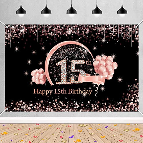 Decoración de cumpleaños número 15 para niñas, telón de fondo de feliz cumpleaños 15, cartel de tela de oro rosa, suministros de fiesta de 15 años, letrero de bienvenida de fondo DPhoto, 150 cm x 90