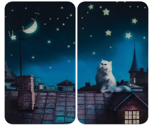 WENKO Herdabdeckplatte Universal Mod. Moon Cat, höhenverstellbar für alle Herdarten, Schneidebrett und Spritzschutz, Glas, 30 x 52 cm, 2-teilig
