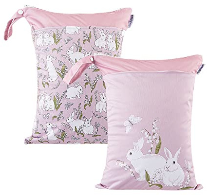 Treer Windeltasche für Babys Unterwegs, 2 Stück Stoffwindeln Nasstaschen Wasserdicht Waschbar Groß mit Doppelreißverschluss Nasse Trocken Wickeltasche Wetbag Kindergarten (rosa Hase,30x40cm)