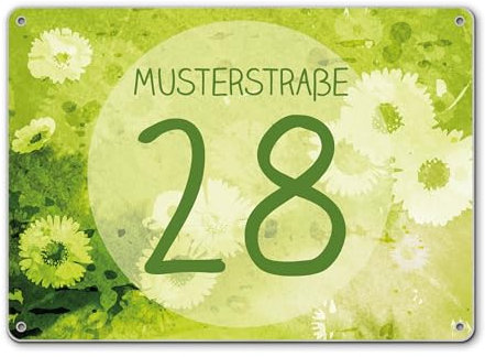 banjado® Hausnummernschild personalisierbar Motiv Kamille Grün - Hausschild personalisiert Draußen mit Straßennamen möglich - Hausnummernschild Edelstahl versch. Motive - inkl. Montagematerial