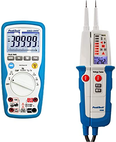 PeakTech P 3360 3360 – True RMS Digital Multimeter & 1096 – 2-poliger AC/DC Spannungsprüfer mit Dual Anzeige & FI-Test, Staub- & Wasser Schutz (IP64), LCD-Display + Taschenlampe, 6V - 1000V