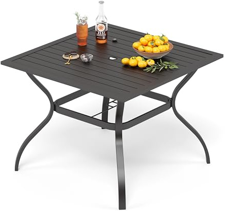 PHI VILLA Gartentisch Wetterfest Metall mit 4cm Schirmloch 4-Sitzer Schwarz | Mit 4 cm Schirmloch, E-Beschichtung Rostfest Metall, Outdoor Esstisch, Quadratischer für Balkon Bistro Deck