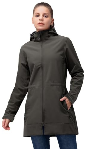 33,000ft Women’s Lightweight Softshell Jacket with Hood Waterproof Ladies Functional Jacket Fleece Lined Windbreaker Breathable Raincoat Long Coats for Cycling Hiking Outdoor Dark Khaki L